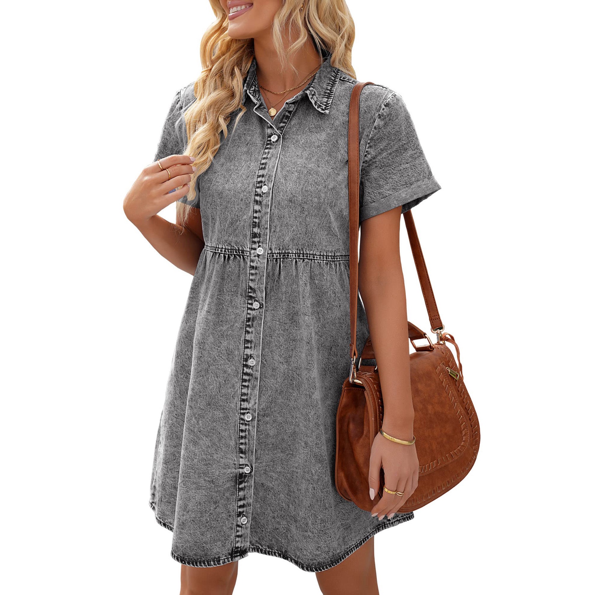 Summer new women's lapel short sleeved slim fit dress, single breasted denim skirt, short skirt Medium Gray S