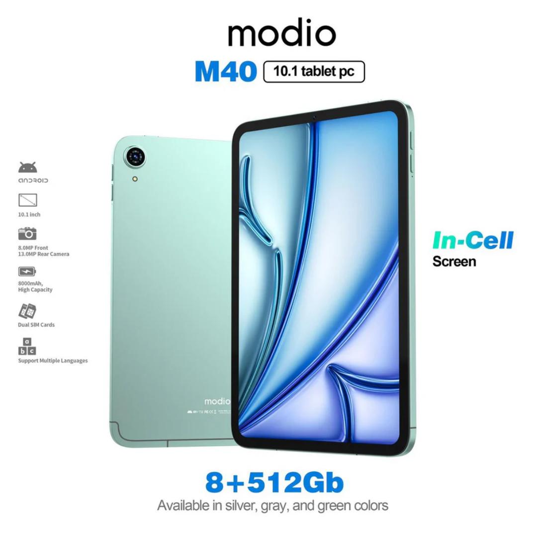 Modio M40, 10.1 Inch Real Incell Screen Display, 8GB RAM, 512GB Storage, 13MP Camera, 8000mAh Battery, Dual SIM, Keyboard, Mouse Pad, Leather Case, Android Tablet