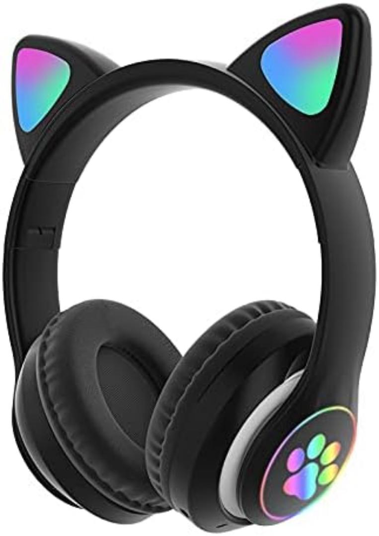 Cat Ears colourful Kids Headphones, Bluetooth Wireless Headphones for Kids Teens Adults, Over-Ear Bluetooth Headphones with Microphone, Cat Ear Headphones for Girls Women (Black)