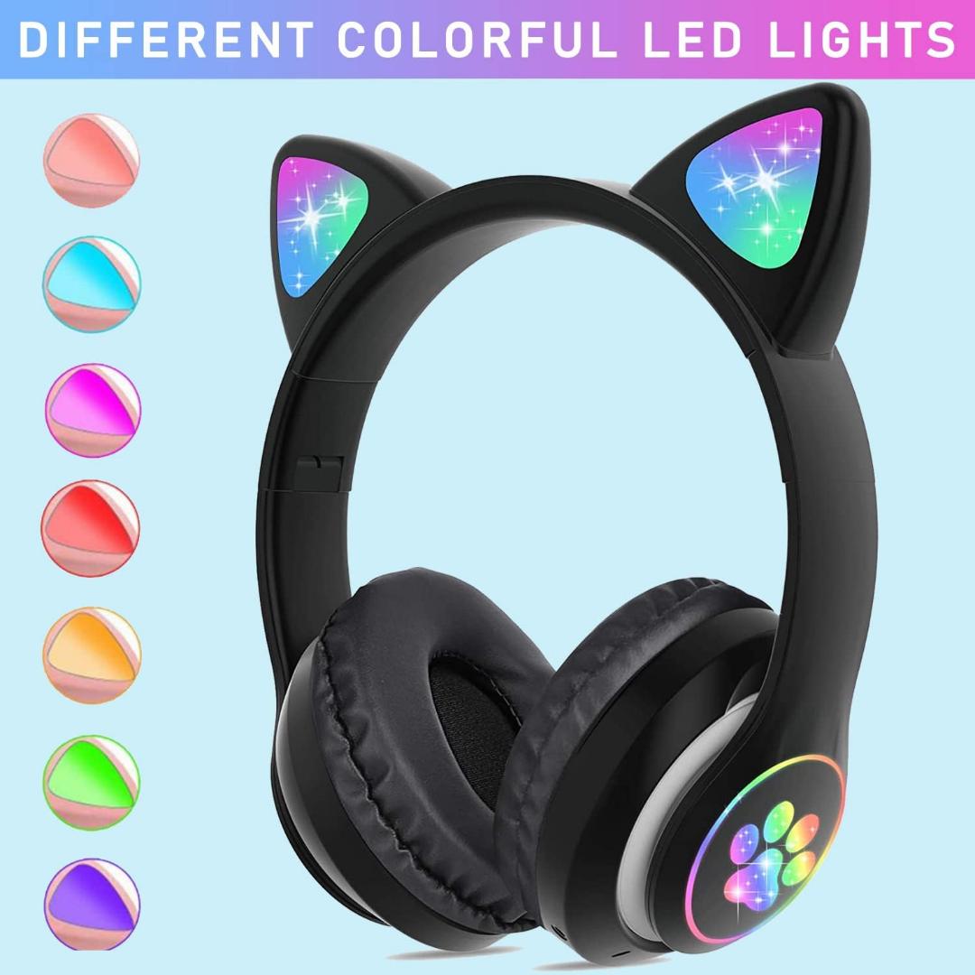 Cat Ears colourful Kids Headphones, Bluetooth Wireless Headphones for Kids Teens Adults, Over-Ear Bluetooth Headphones with Microphone, Cat Ear Headphones for Girls Women (Black)