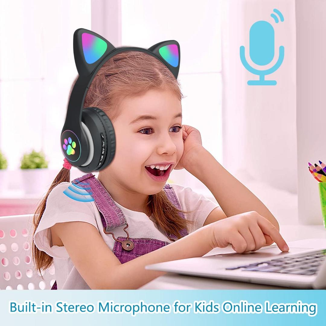Cat Ears colourful Kids Headphones, Bluetooth Wireless Headphones for Kids Teens Adults, Over-Ear Bluetooth Headphones with Microphone, Cat Ear Headphones for Girls Women (Black)