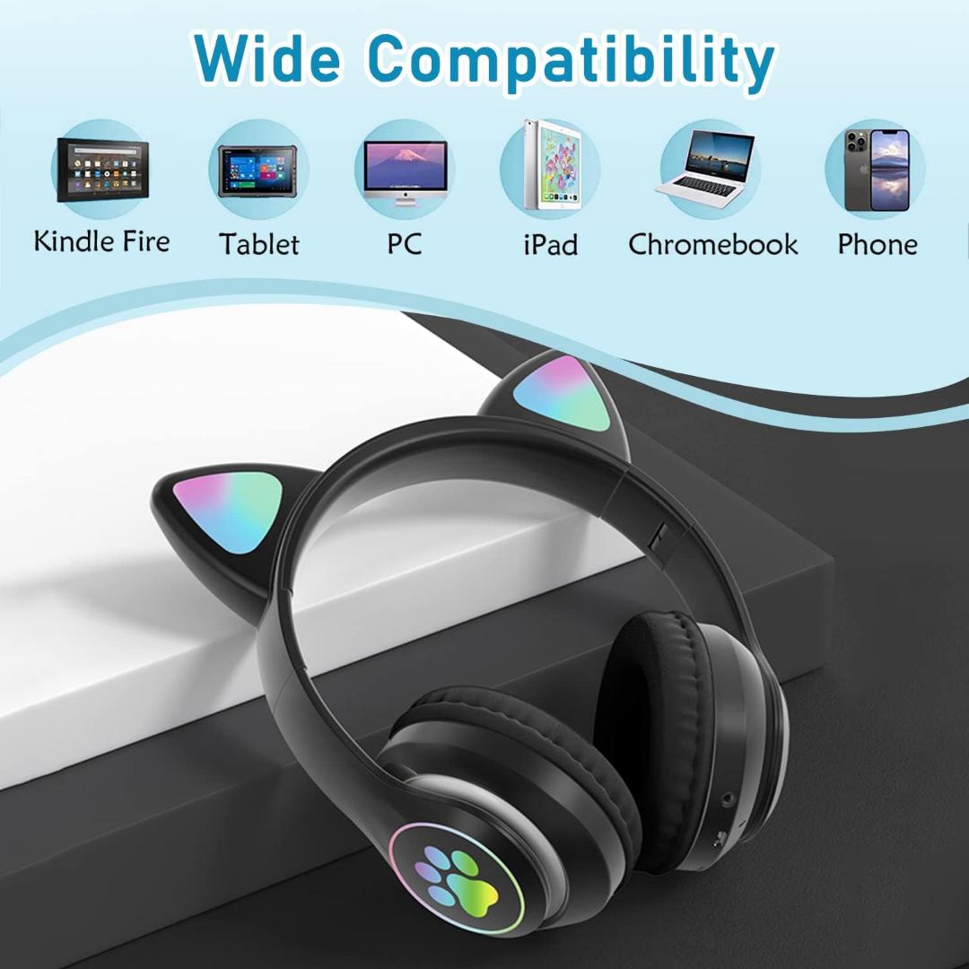 Cat Ears colourful Kids Headphones, Bluetooth Wireless Headphones for Kids Teens Adults, Over-Ear Bluetooth Headphones with Microphone, Cat Ear Headphones for Girls Women (Black)