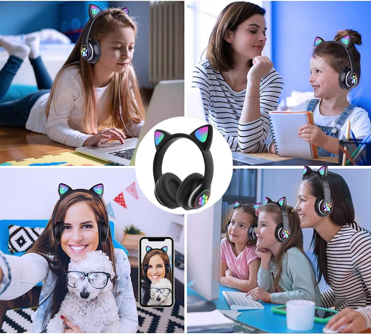 Cat Ears colourful Kids Headphones, Bluetooth Wireless Headphones for Kids Teens Adults, Over-Ear Bluetooth Headphones with Microphone, Cat Ear Headphones for Girls Women (Black)