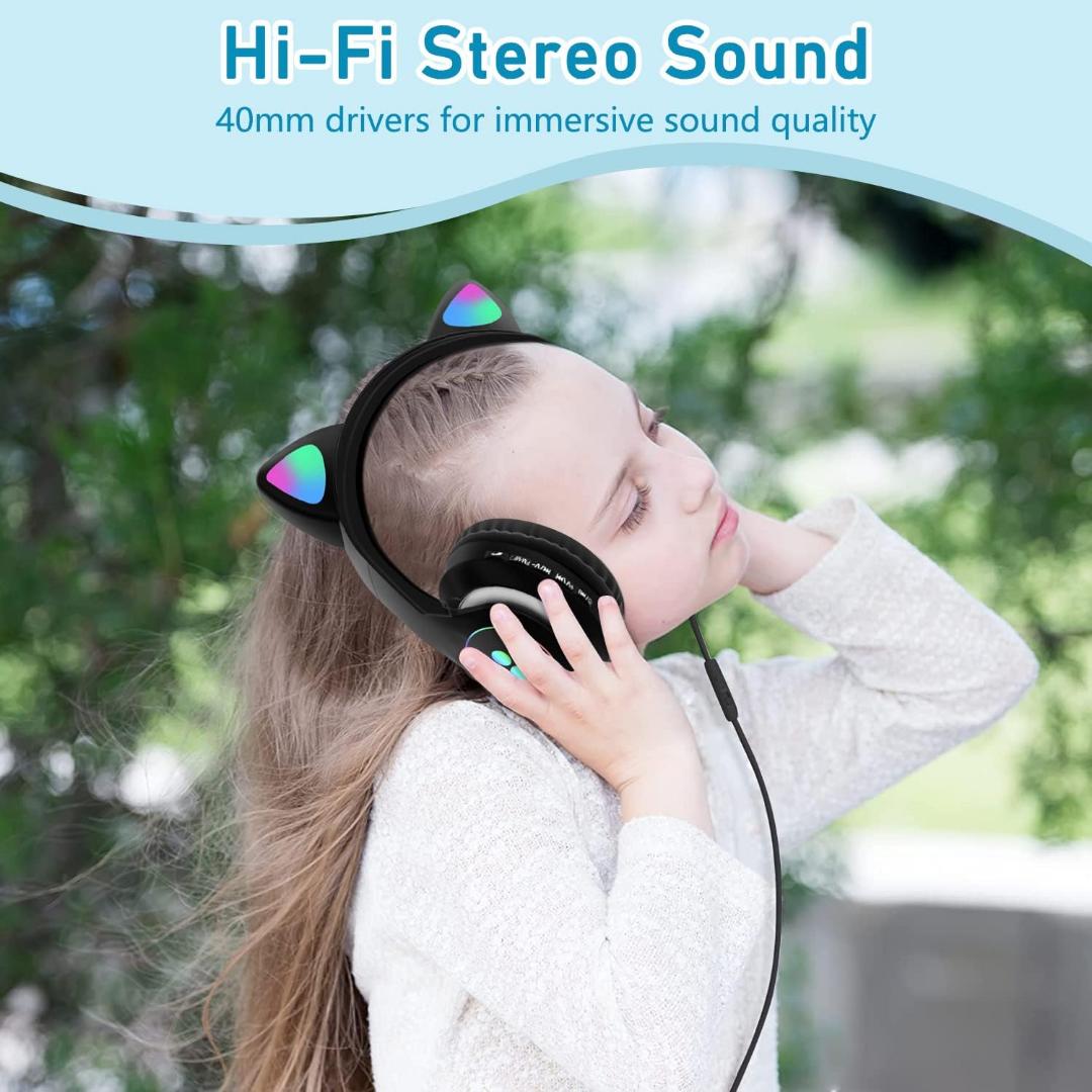 Cat Ears colourful Kids Headphones, Bluetooth Wireless Headphones for Kids Teens Adults, Over-Ear Bluetooth Headphones with Microphone, Cat Ear Headphones for Girls Women (Black)