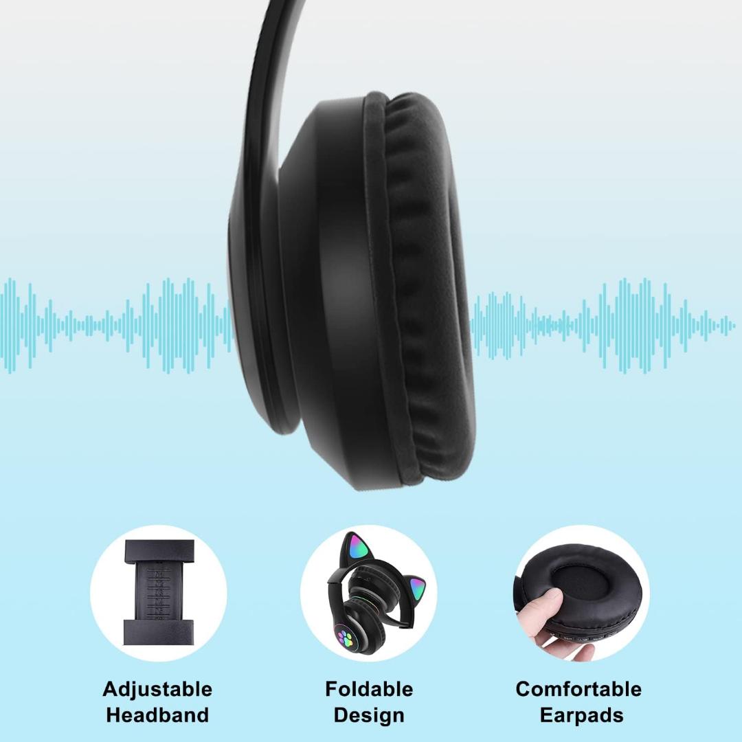 Cat Ears colourful Kids Headphones, Bluetooth Wireless Headphones for Kids Teens Adults, Over-Ear Bluetooth Headphones with Microphone, Cat Ear Headphones for Girls Women (Black)