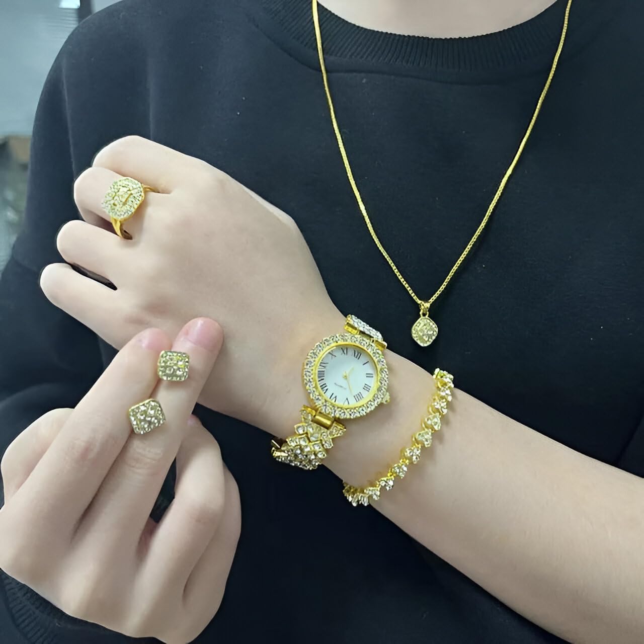 7 IN 1 A58 Plus 2024 Women's Luxury Gold Watch Unique Gift Set Jewellery Gold Necklace Ring Double Band Smart Watch+ Additional Women's Diamond Set Small Gold Watch Necklace Ring Earrings Bracelet Set