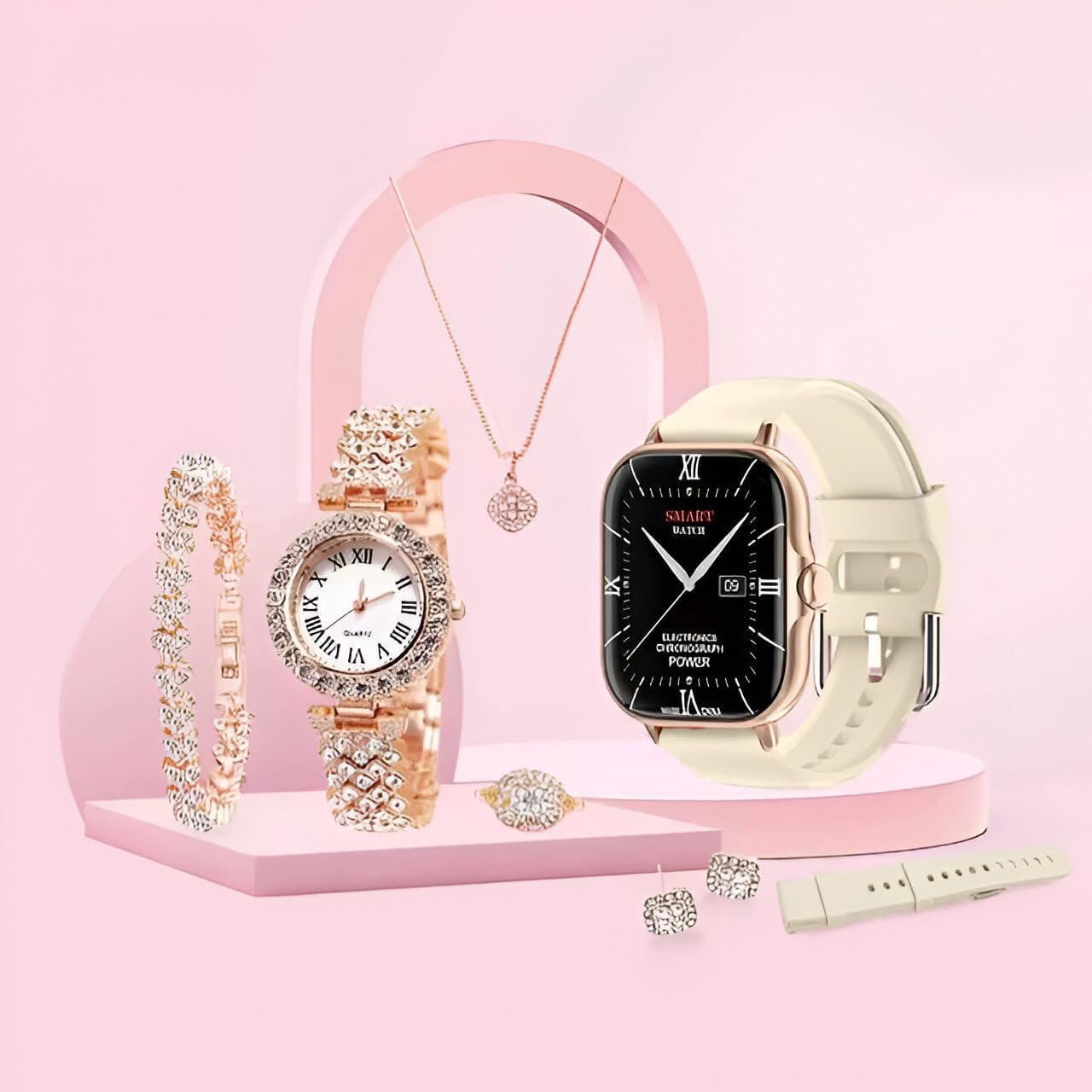 7 IN 1 A58 Plus 2024 Women's Luxury Gold Watch Unique Gift Set Jewellery Gold Necklace Ring Double Band Smart Watch+ Additional Women's Diamond Set Small Gold Watch Necklace Ring Earrings Bracelet Set