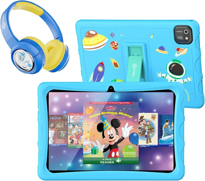 Kids Tablet with Headphones Bundle Modio M730 Toddler Tablet, Learning apps & special gifts , 256GB Storage, 6GB RAM, Bluetooth, Android Parental Controls, Kid-Proof Case - Blue and pink