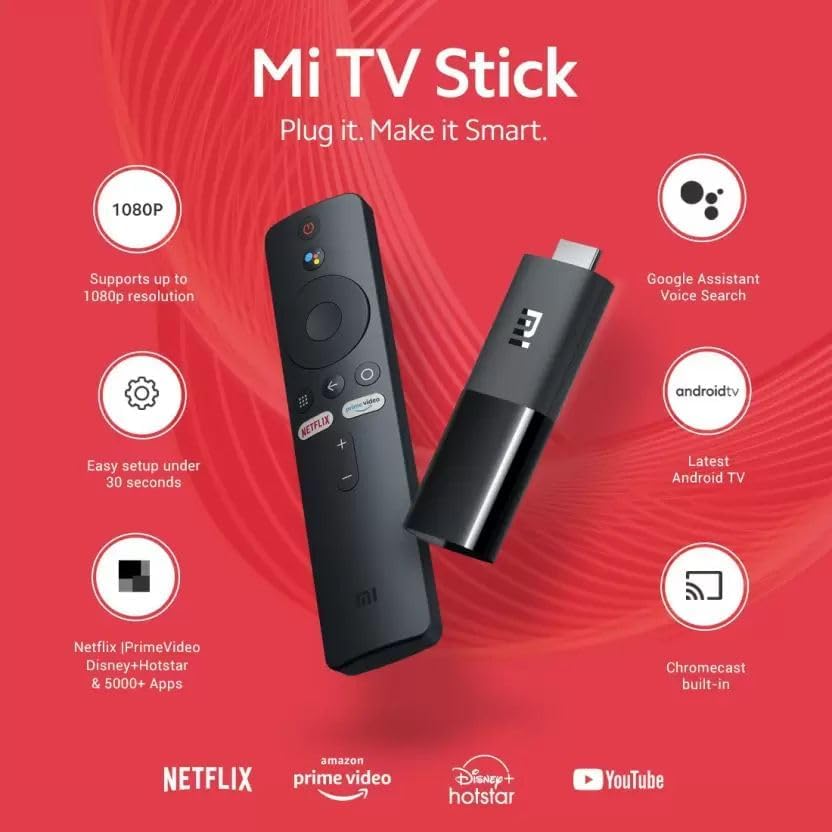 XIAOMI Mi Tv Stick, Android TV Stick 1GB RAM, 8 GB ROM. - Portable Streaming Media Player HD Playback 1080P. Portable Streaming Media Player HD Playback 1080P HDR Netflix Quad Core 64 Bit Android TV