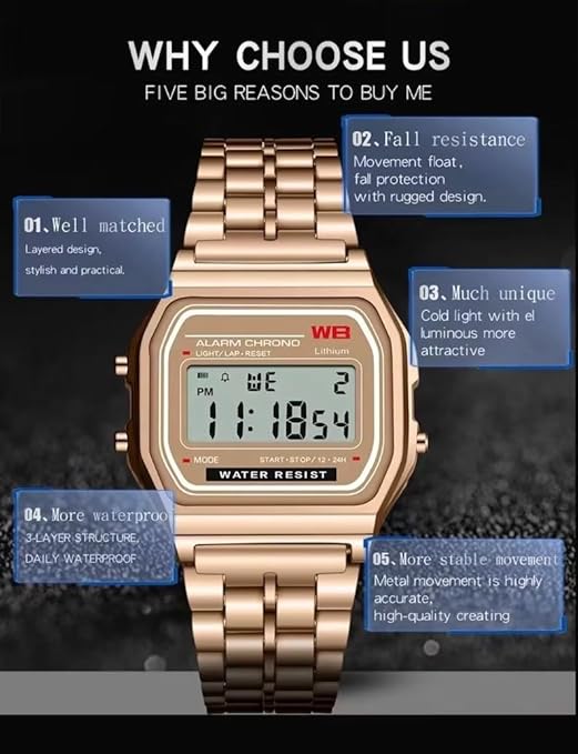 Rose Gold Casio Vintage Design Watch | Digital Watch | LED Light | 1/100 SEC Stopwatch | Regular Time Keeping (HR, Min, SEC, PM, Date, Day) | Daily Alarm | Lightweight | 7 Year Battery