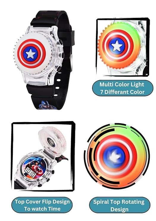 Avengers Spinner Kid's Watch with Light-Up Feature – Fun & Interactive Toy watch.Captain America Kids Digital Watch with Spinner & LED Lights | Cartoon Strap & Revolving Cap | Boys & Girls | Random Co