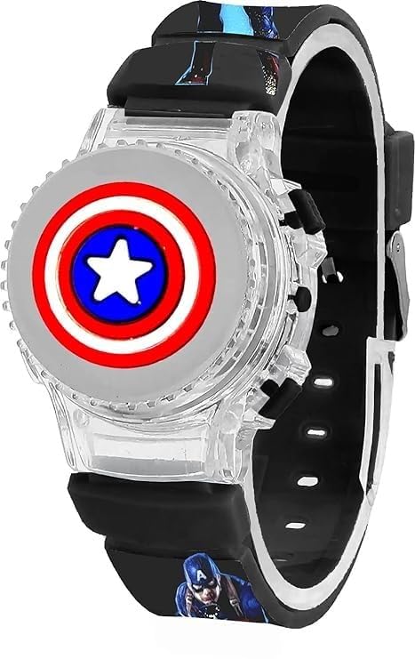Avengers Spinner Kid's Watch with Light-Up Feature – Fun & Interactive Toy watch.Captain America Kids Digital Watch with Spinner & LED Lights | Cartoon Strap & Revolving Cap | Boys & Girls | Random Co