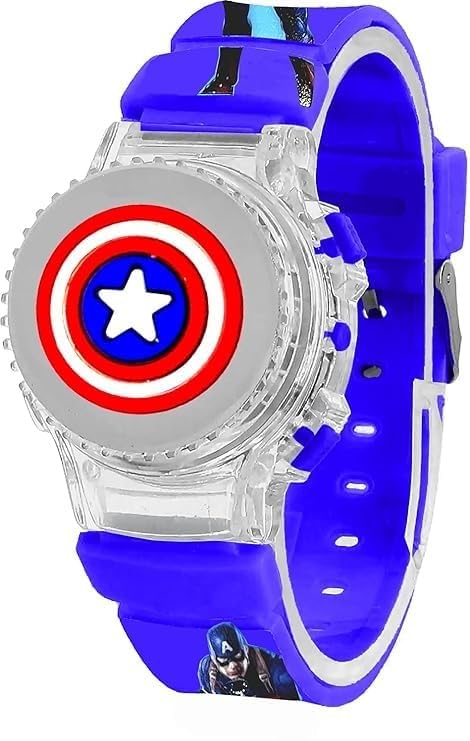 Avengers Spinner Kid's Watch with Light-Up Feature – Fun & Interactive Toy watch.Captain America Kids Digital Watch with Spinner & LED Lights | Cartoon Strap & Revolving Cap | Boys & Girls | Random Co