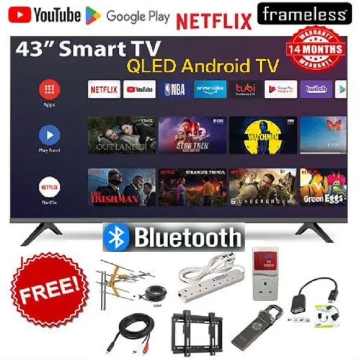 BLUETOOTH VITRON QLED HTC4300QFS 43" INCH TV FRAMELESS FHD SMART TV ANDROID 14.0 TV NETFLIX ,YOUTUBE TELEVISION INBUILT DECODER , BUILT-IN WIFI, APP STORE 8GB-ROM