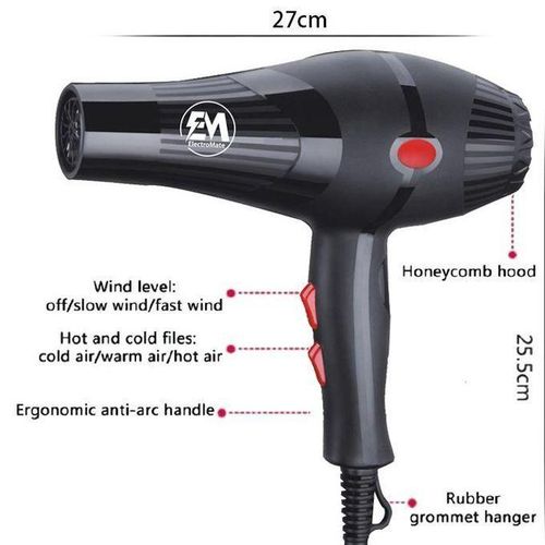 ElectroMate Blow Dryer 2200W – 3-Speed, 2-Heat Settings with Cool Shot, Ionic Technology, Nozzles & Combs | Powerful Hair Blower for Home & Salon.