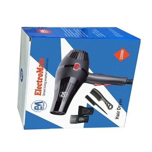 ElectroMate Blow Dryer 2200W – 3-Speed, 2-Heat Settings with Cool Shot, Ionic Technology, Nozzles & Combs | Powerful Hair Blower for Home & Salon.