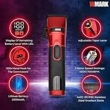 WMARK NG-121 Professional Zero Gapped Hair Trimmer Digital Display Self Sharpening Blade 6500/7000 RPM 2 Speed Magnetic Motor 4 Guide Comb Taper Lever Adjustment Runtime 240 Min 2000 Mah Battery, Red