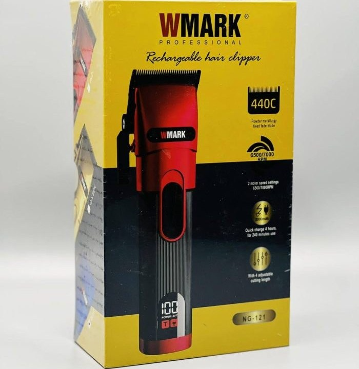 WMARK NG-121 Professional Zero Gapped Hair Trimmer Digital Display Self Sharpening Blade 6500/7000 RPM 2 Speed Magnetic Motor 4 Guide Comb Taper Lever Adjustment Runtime 240 Min 2000 Mah Battery, Red