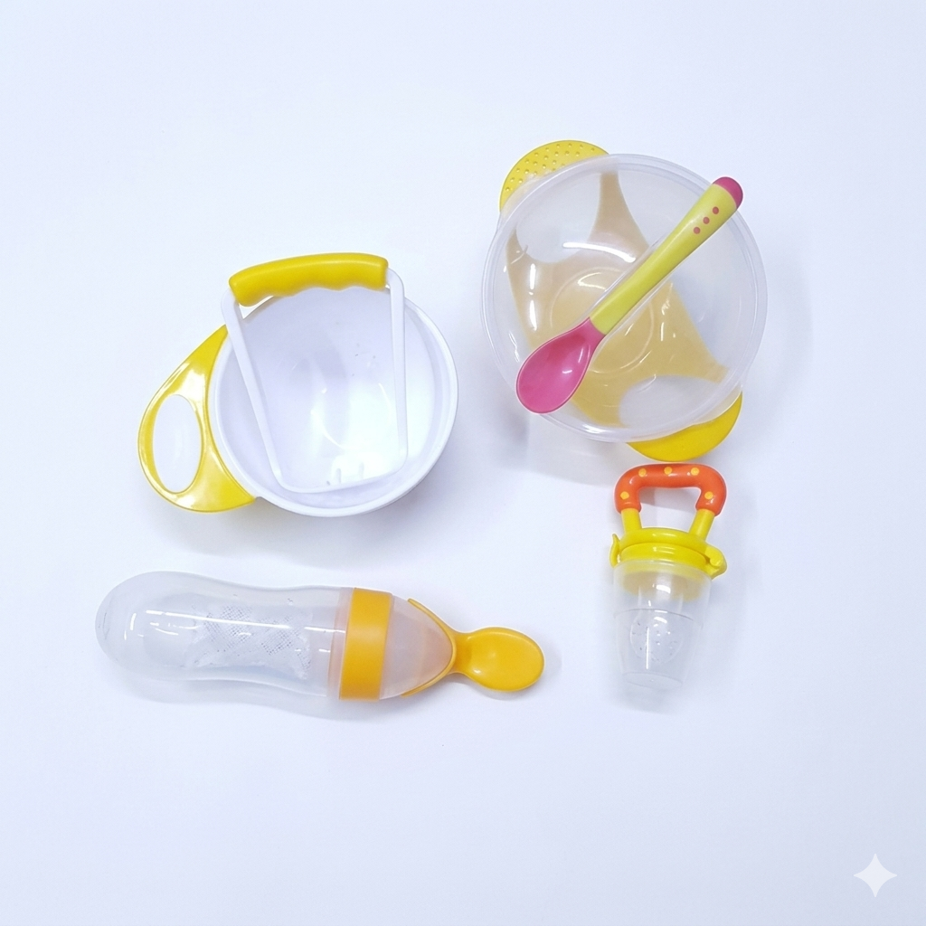 4 pack weaning set, feeding bowl, fruit feeder, squeezer and food masher