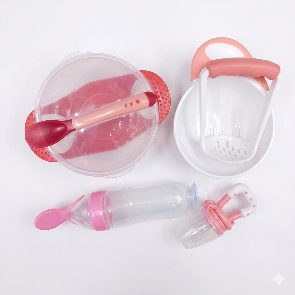 4 pack weaning set masher , fruit pacifier, feeding bowl and squeezer