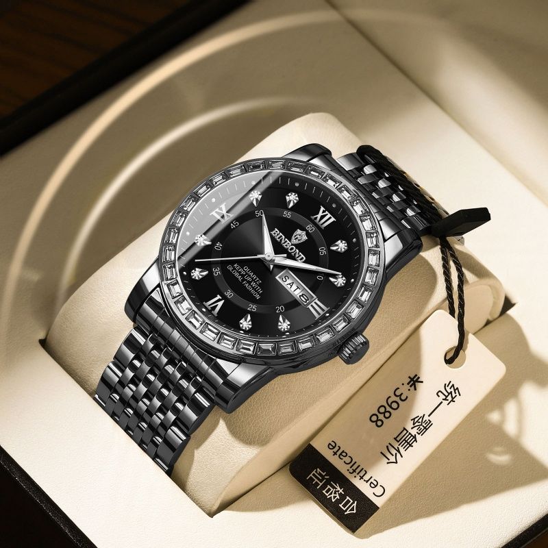Men's Fashion Business Chronograph with Diamond Accents: Day-Date, Water Resistant, Luminous (Automatic/Quartz)