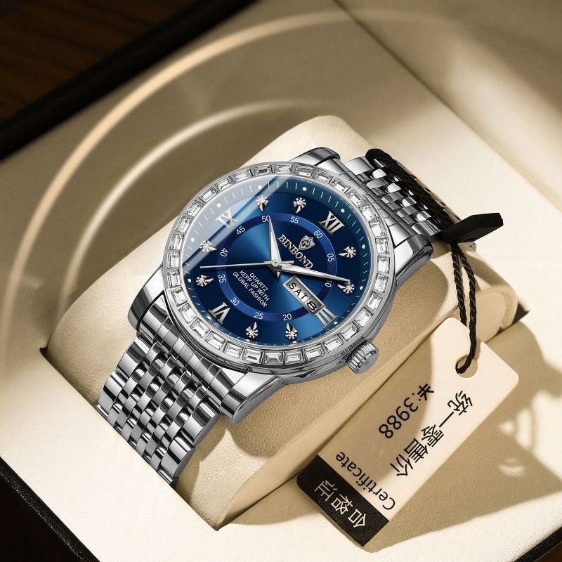 Men's Fashion Business Chronograph with Diamond Accents: Day-Date, Water Resistant, Luminous (Automatic/Quartz)