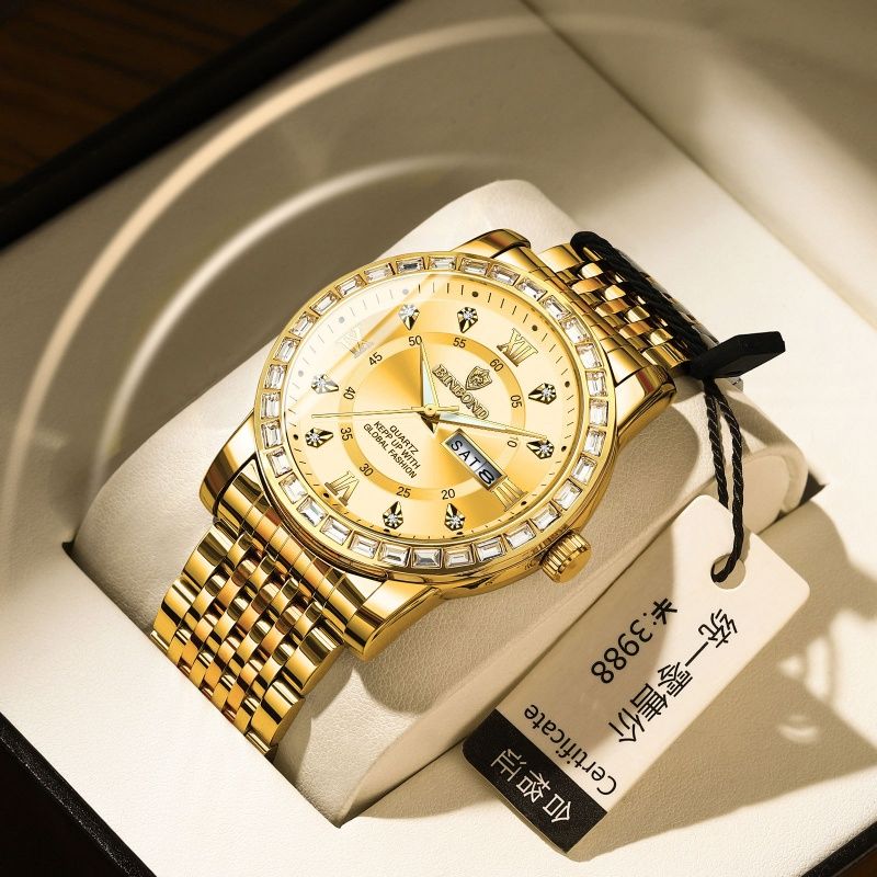 Men's Fashion Business Chronograph with Diamond Accents: Day-Date, Water Resistant, Luminous (Automatic/Quartz)