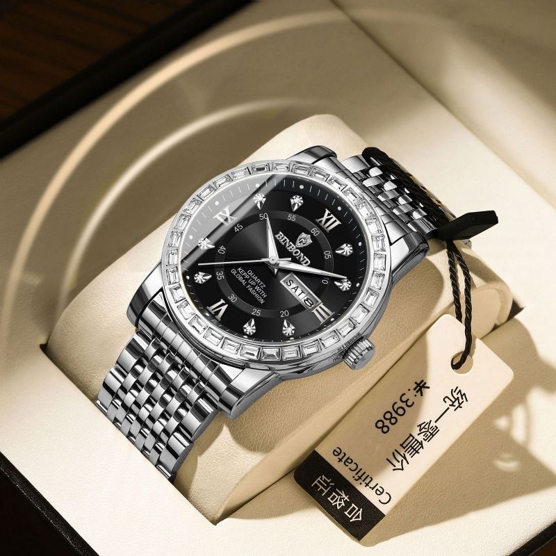 Men's Fashion Business Chronograph with Diamond Accents: Day-Date, Water Resistant, Luminous (Automatic/Quartz)