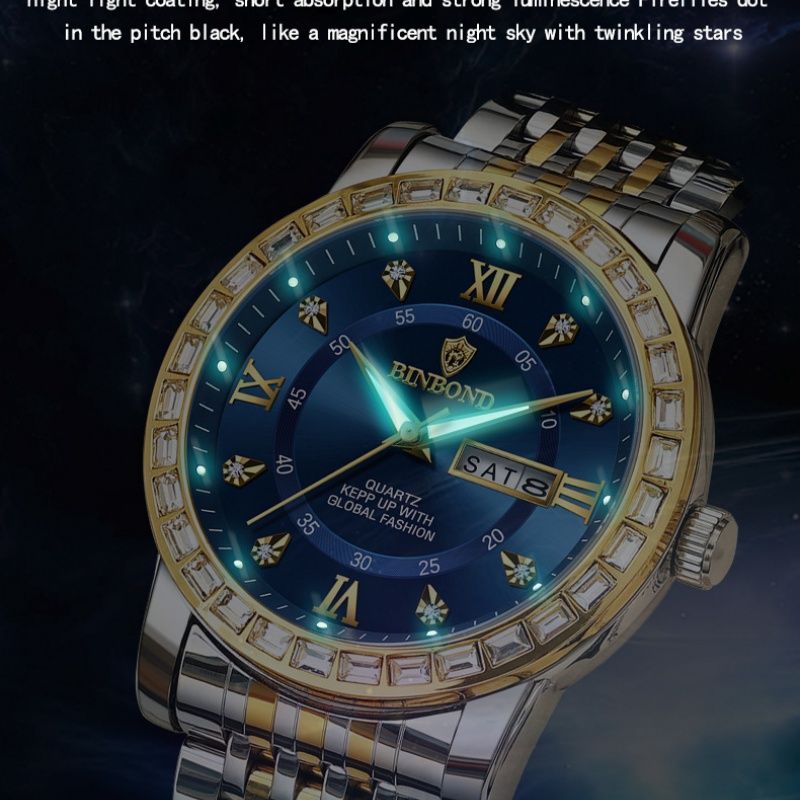 Men's Fashion Business Chronograph with Diamond Accents: Day-Date, Water Resistant, Luminous (Automatic/Quartz)