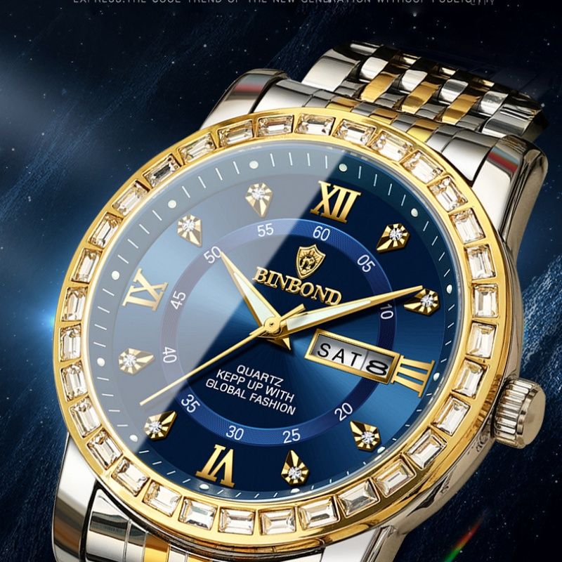 Men's Fashion Business Chronograph with Diamond Accents: Day-Date, Water Resistant, Luminous (Automatic/Quartz)