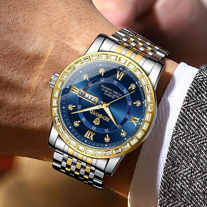 Men's Fashion Business Chronograph with Diamond Accents: Day-Date, Water Resistant, Luminous (Automatic/Quartz)