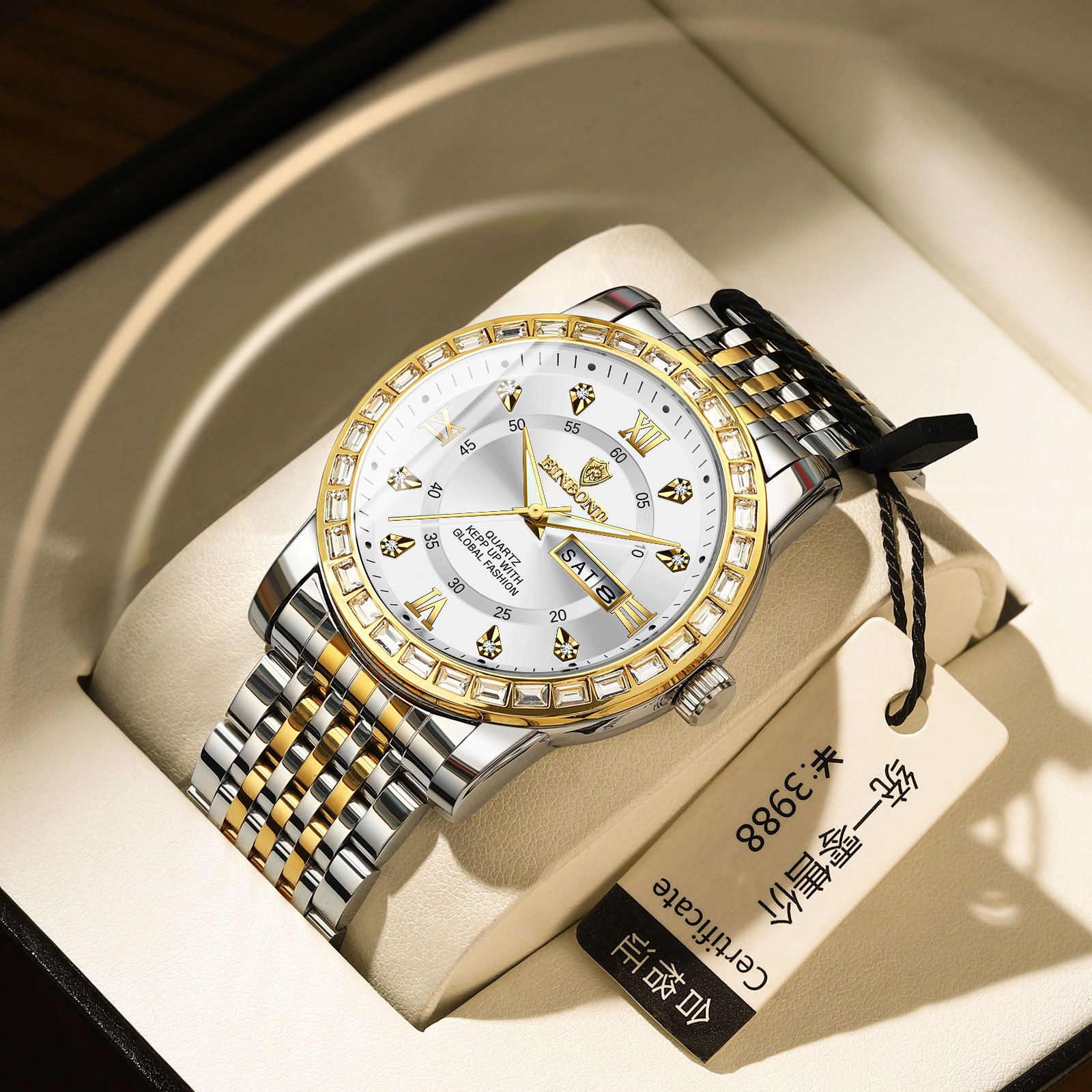 Men's Fashion Business Chronograph with Diamond Accents: Day-Date, Water Resistant, Luminous (Automatic/Quartz)