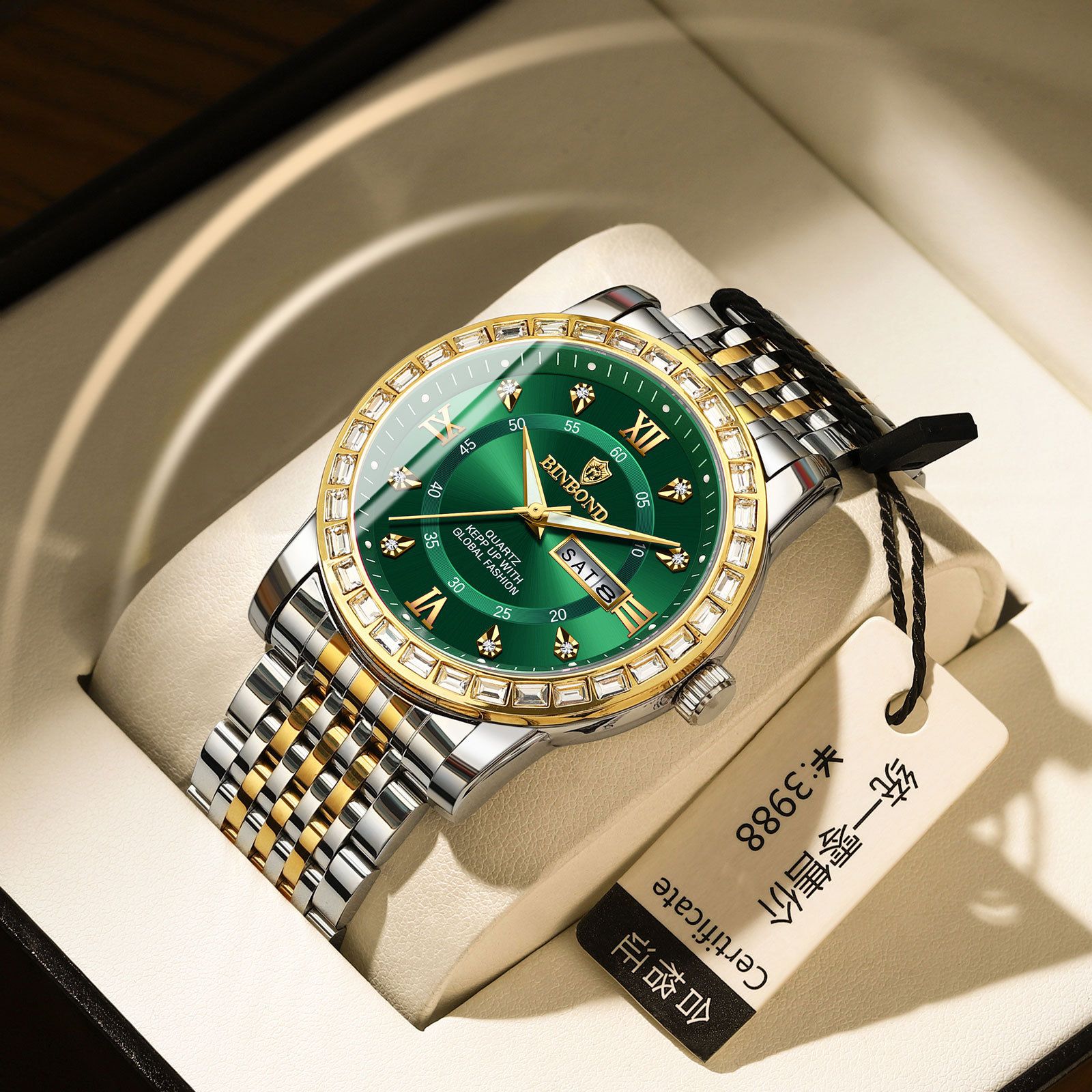 Men's Fashion Business Chronograph with Diamond Accents: Day-Date, Water Resistant, Luminous (Automatic/Quartz)