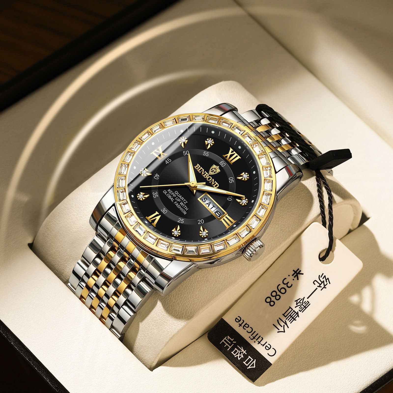 Men's Fashion Business Chronograph with Diamond Accents: Day-Date, Water Resistant, Luminous (Automatic/Quartz)
