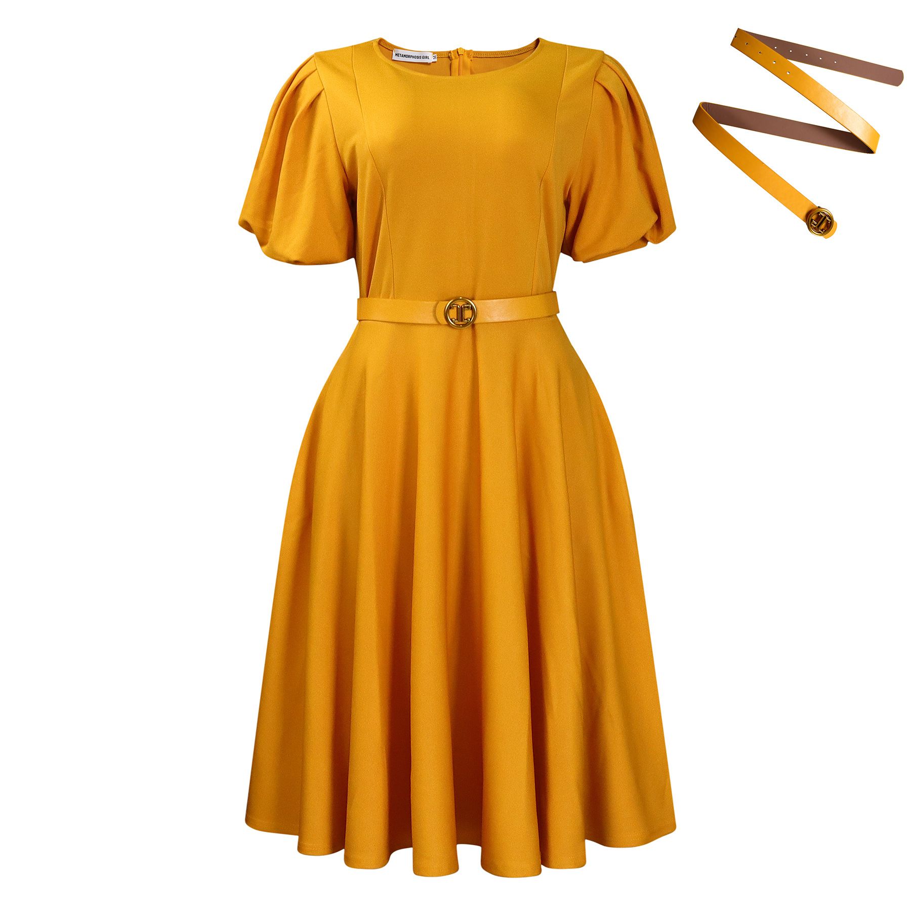 New product selection: Cross border women's clothing, European and American fashion, workplace round neck, elegant temperament, waist cinching, big swing, bubble sleeves, A-line skirt, African dress