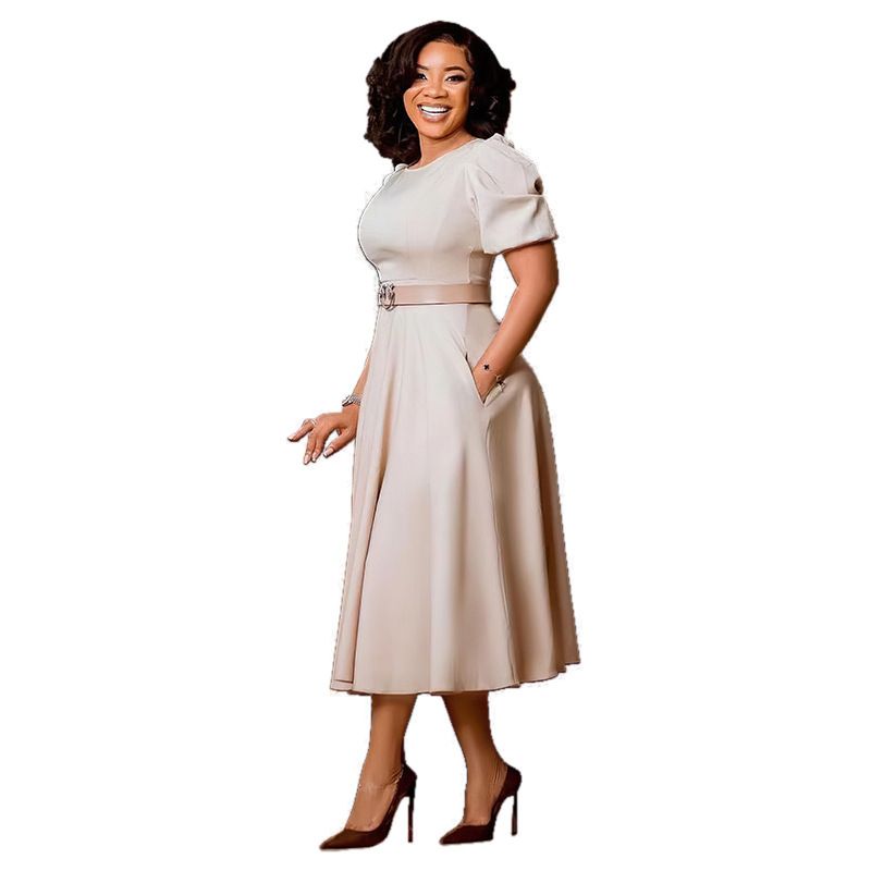 New product selection: Cross border women's clothing, European and American fashion, workplace round neck, elegant temperament, waist cinching, big swing, bubble sleeves, A-line skirt, African dress