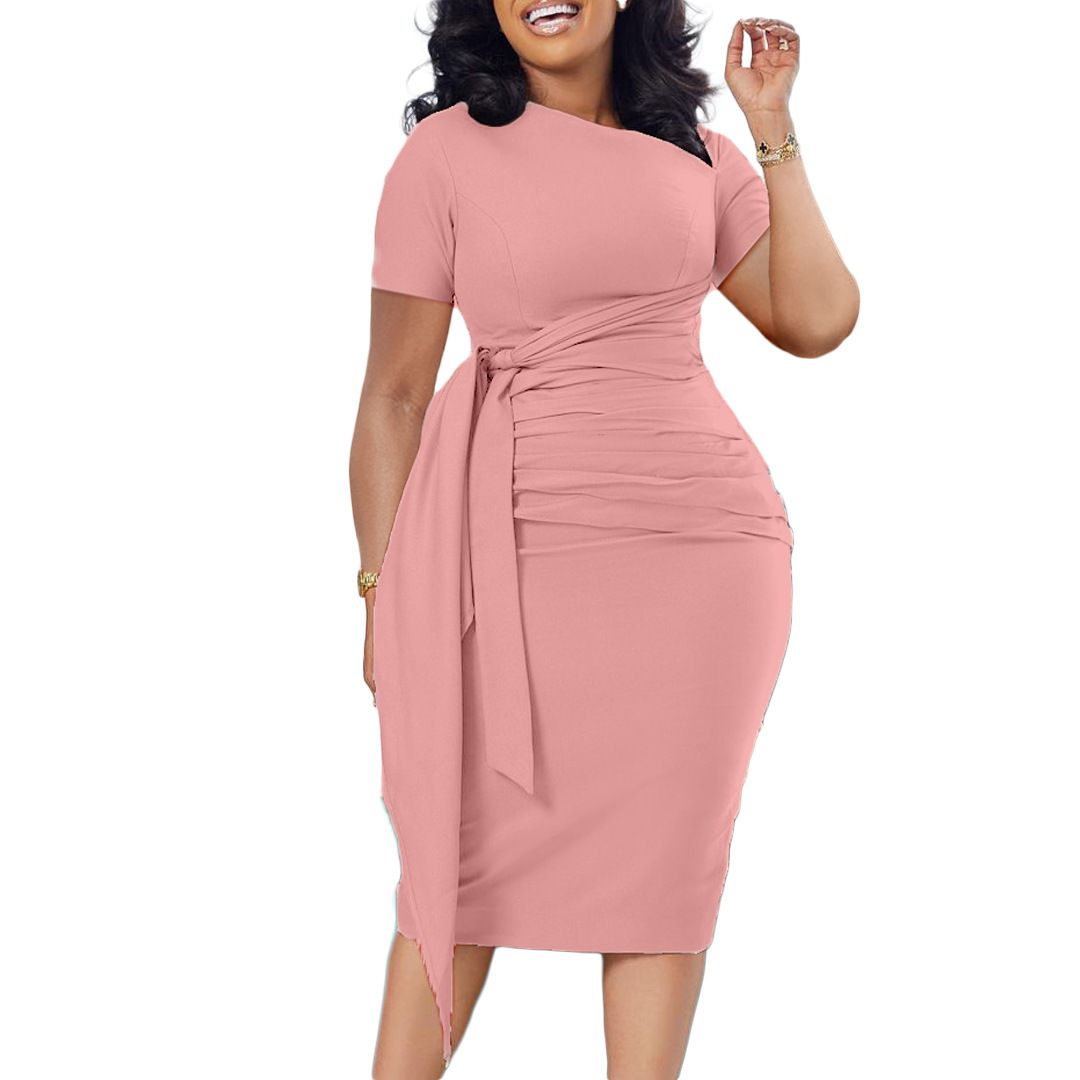 New Product Selection D3210 African Foreign Trade Women's Summer New Short Sleeve Fashion Wrinkle Elegant Strap Slant Neck European and American Dress
