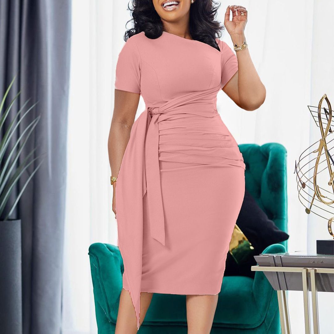 New Product Selection D3210 African Foreign Trade Women's Summer New Short Sleeve Fashion Wrinkle Elegant Strap Slant Neck European and American Dress