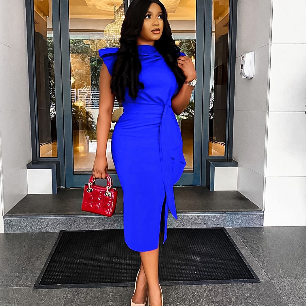 New product selection: D3325 European and American cross-border women's clothing style, tight fitting and sexy solid color, medium to long length dress, African plus size dress