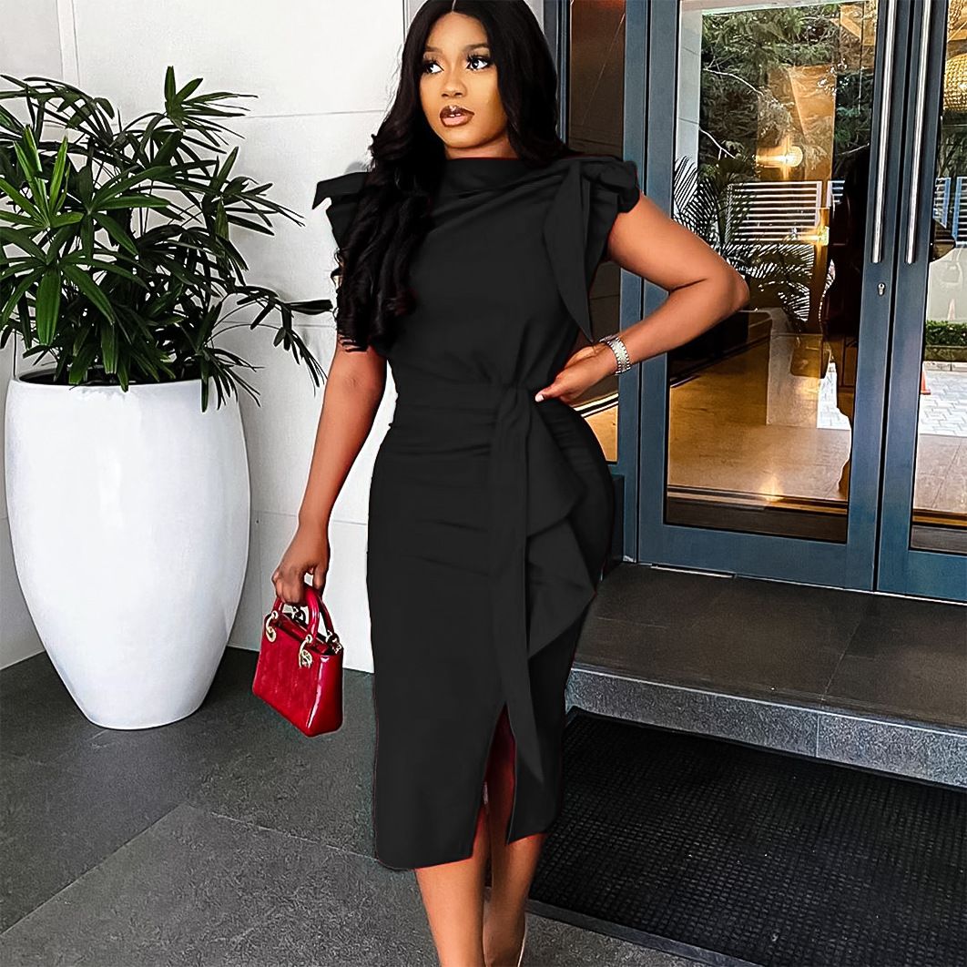 New product selection: D3325 European and American cross-border women's clothing style, tight fitting and sexy solid color, medium to long length dress, African plus size dress