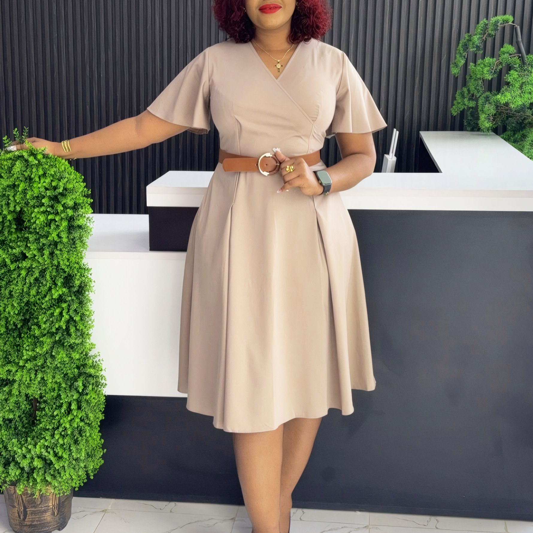 New Product Selection D3333 Cross border European and American Women's Summer New V-neck Trumpet Sleeves Casual A-line Skirt with Pockets African Dress