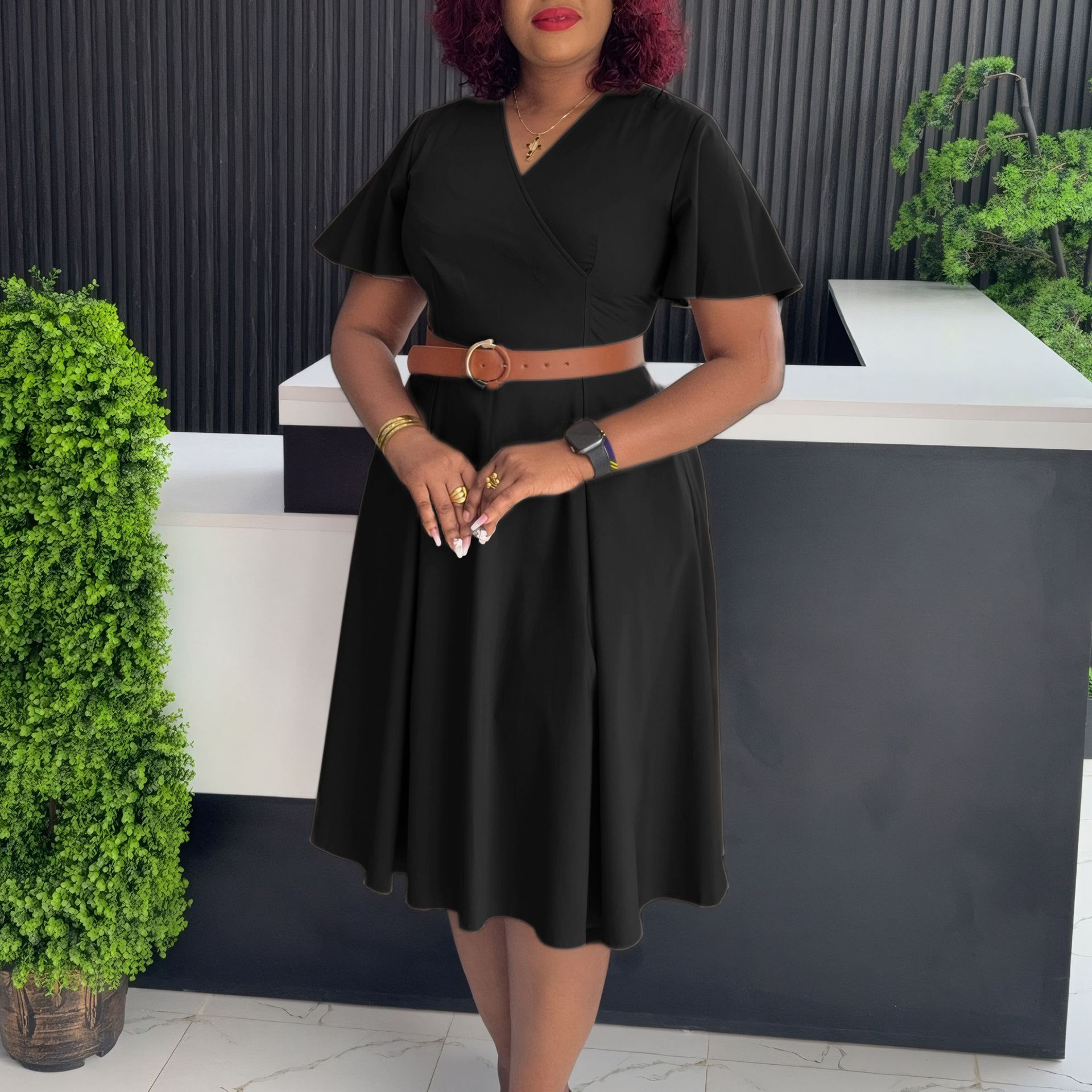 New Product Selection D3333 Cross border European and American Women's Summer New V-neck Trumpet Sleeves Casual A-line Skirt with Pockets African Dress