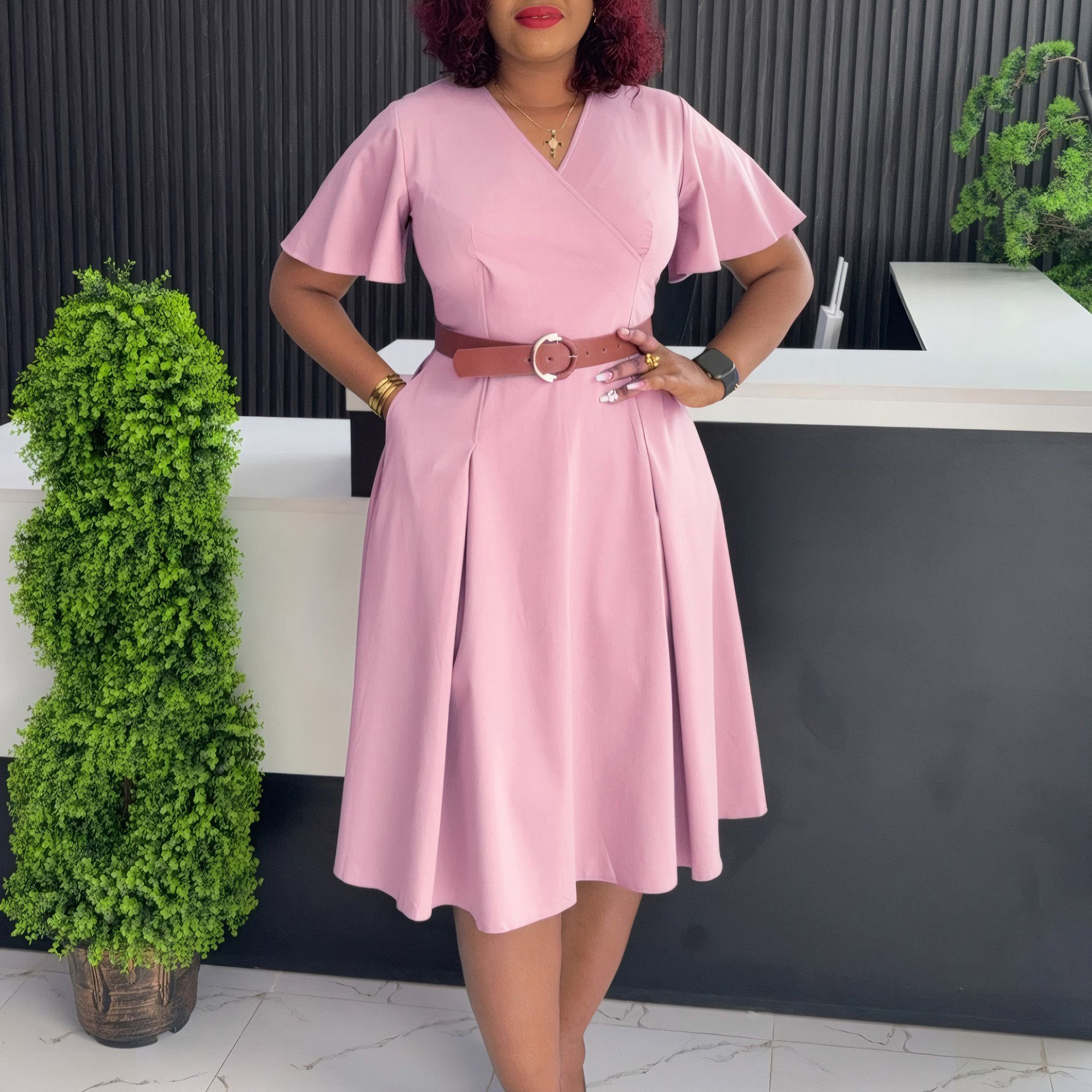 New Product Selection D3333 Cross border European and American Women's Summer New V-neck Trumpet Sleeves Casual A-line Skirt with Pockets African Dress