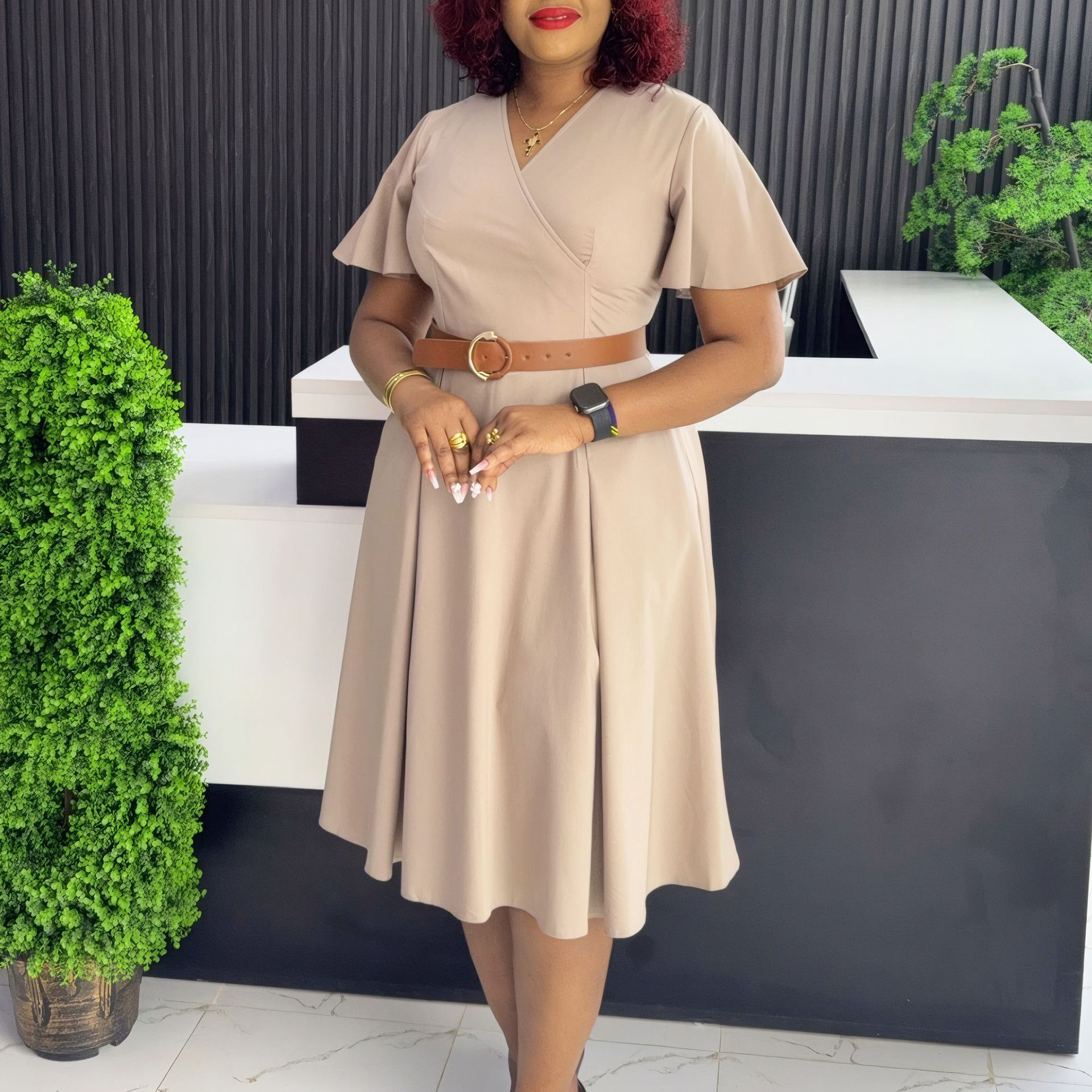 New Product Selection D3333 Cross border European and American Women's Summer New V-neck Trumpet Sleeves Casual A-line Skirt with Pockets African Dress