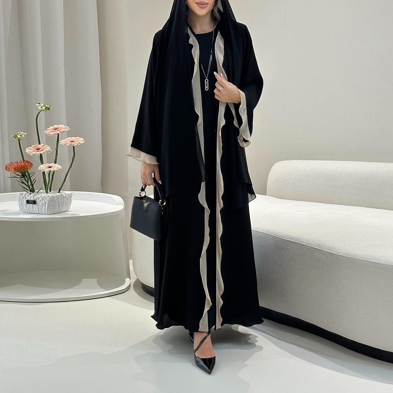 New products preferred MQ179 modest Türkiye ins High fashion ruffle decorated Muslim dress Abaya cardigan