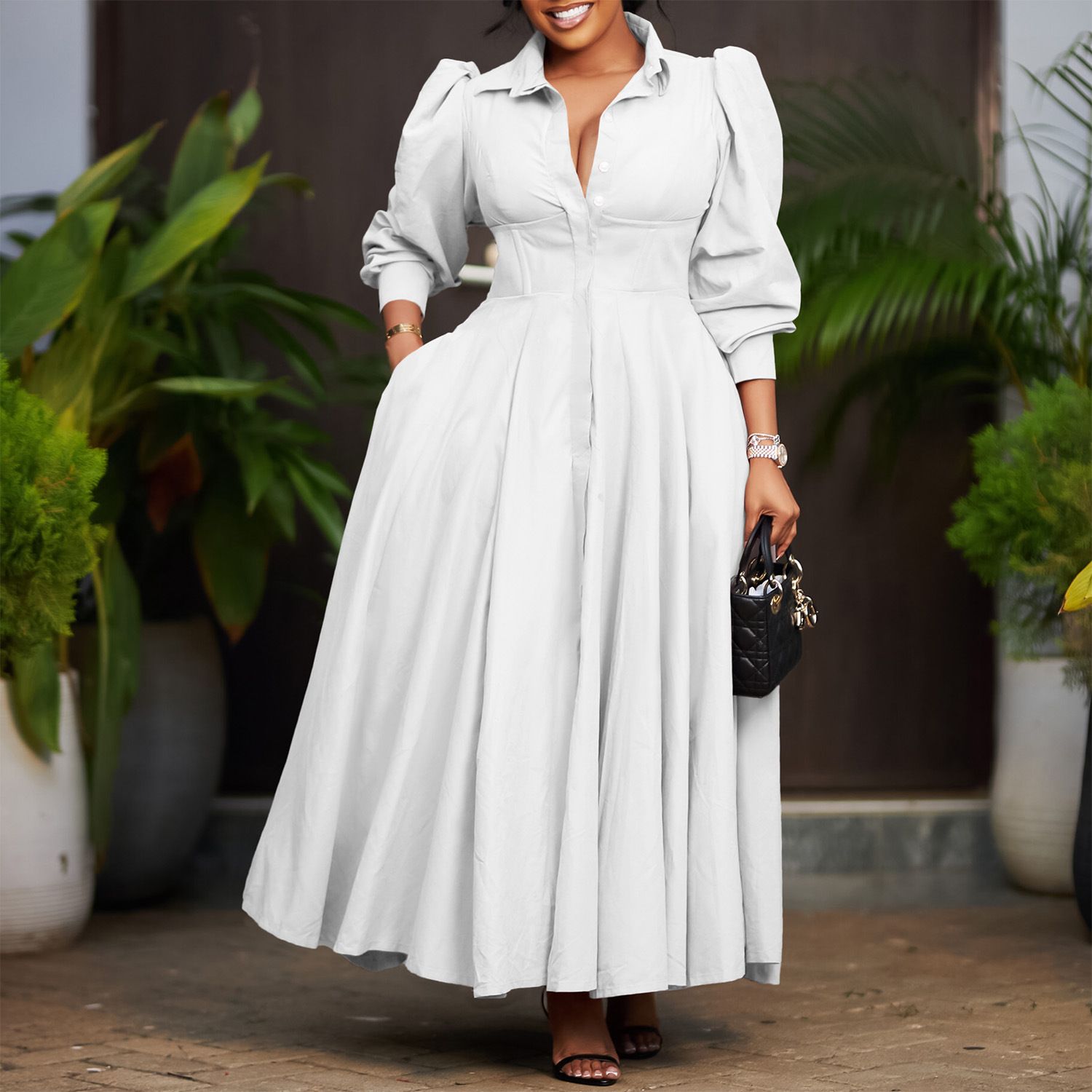 New product selection: D570 cross-border women's elegant long sleeved dress with a large display, including shirt and skirt, fashionable solid color, medium to long African dress