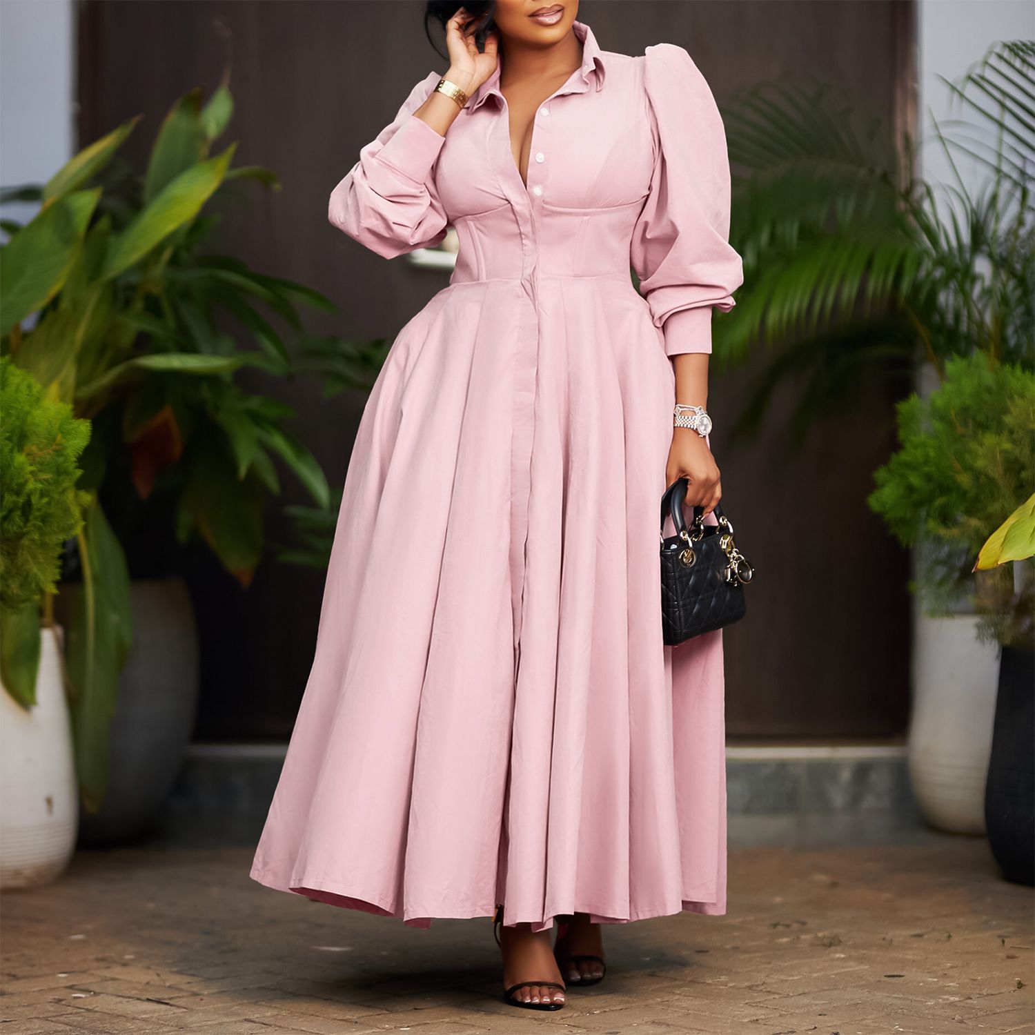 New product selection: D570 cross-border women's elegant long sleeved dress with a large display, including shirt and skirt, fashionable solid color, medium to long African dress