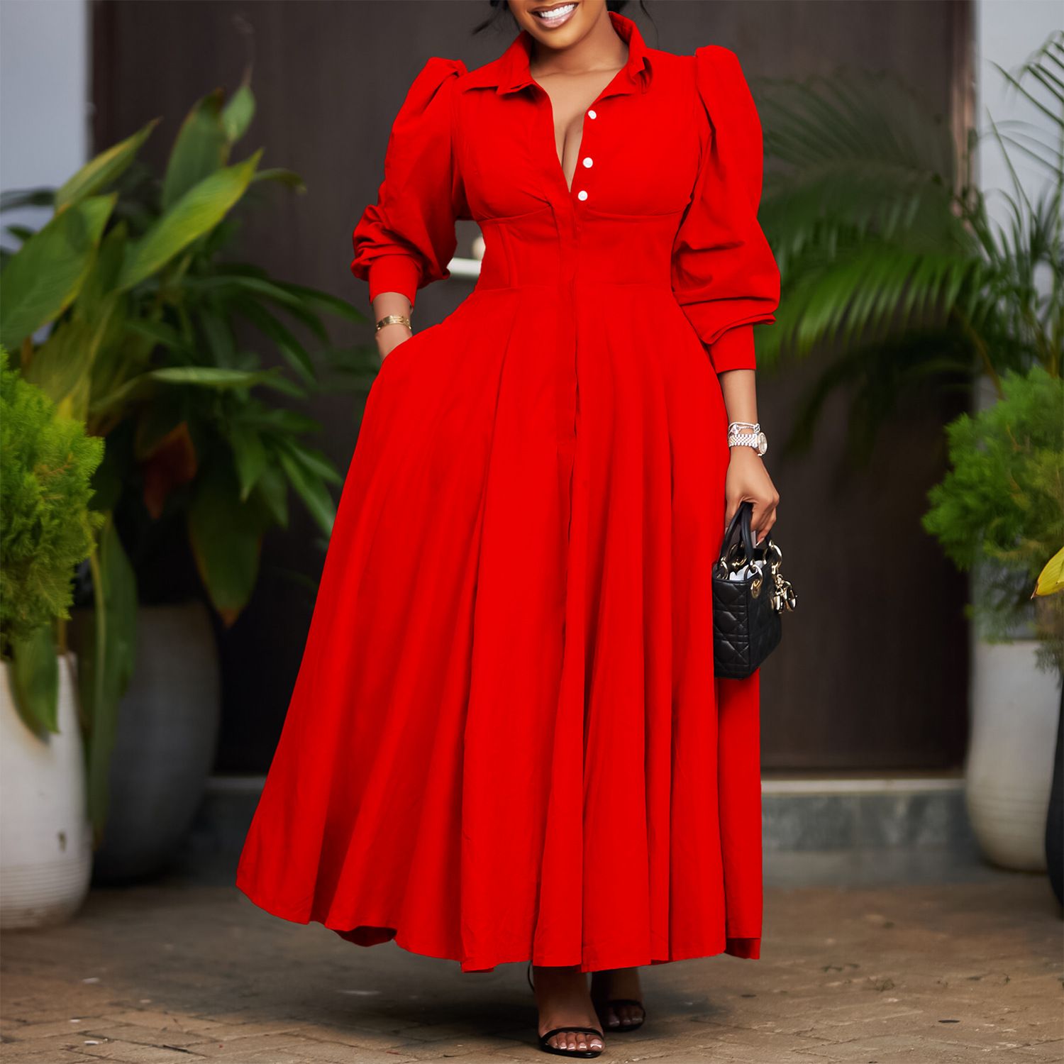 New product selection: D570 cross-border women's elegant long sleeved dress with a large display, including shirt and skirt, fashionable solid color, medium to long African dress