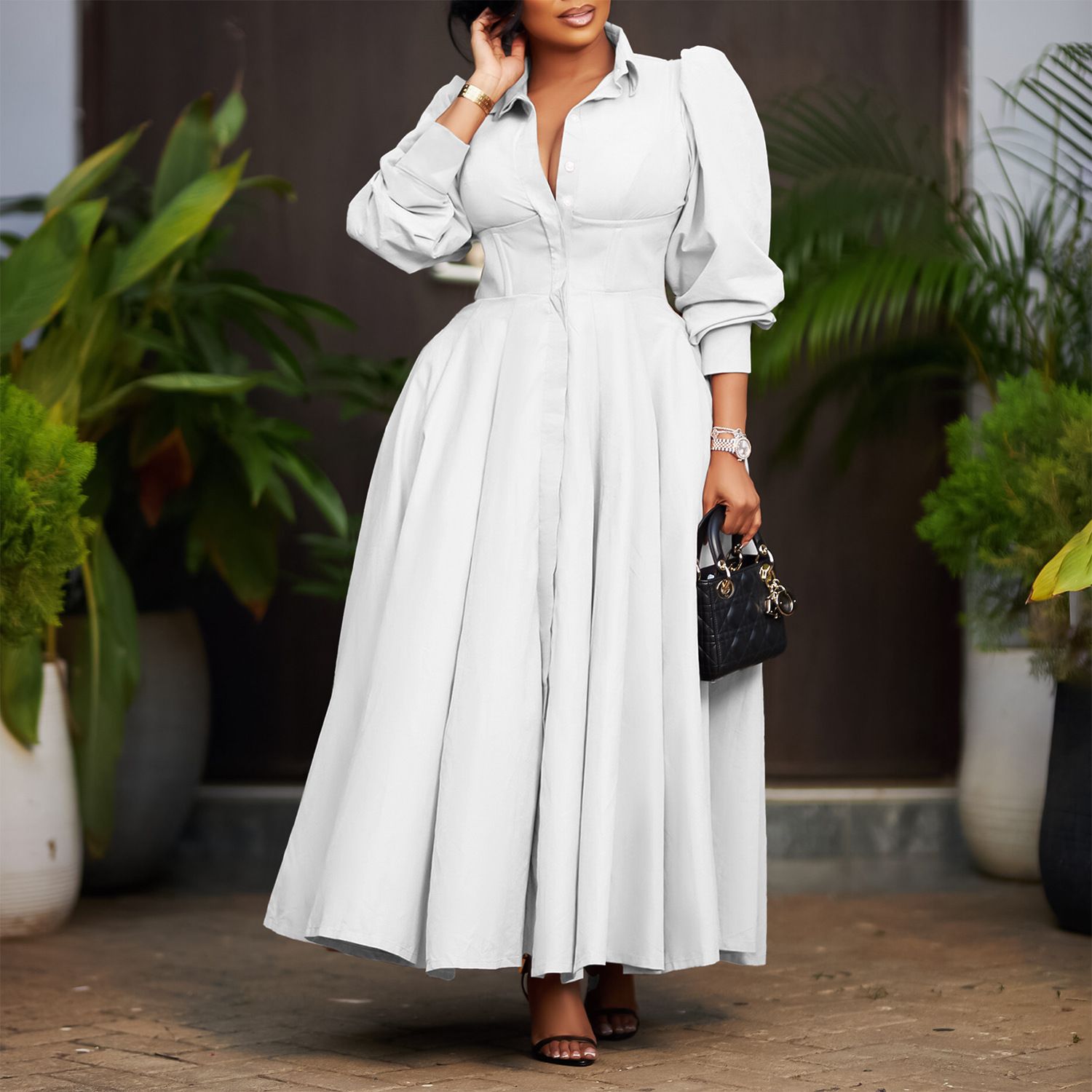 New product selection: D570 cross-border women's elegant long sleeved dress with a large display, including shirt and skirt, fashionable solid color, medium to long African dress