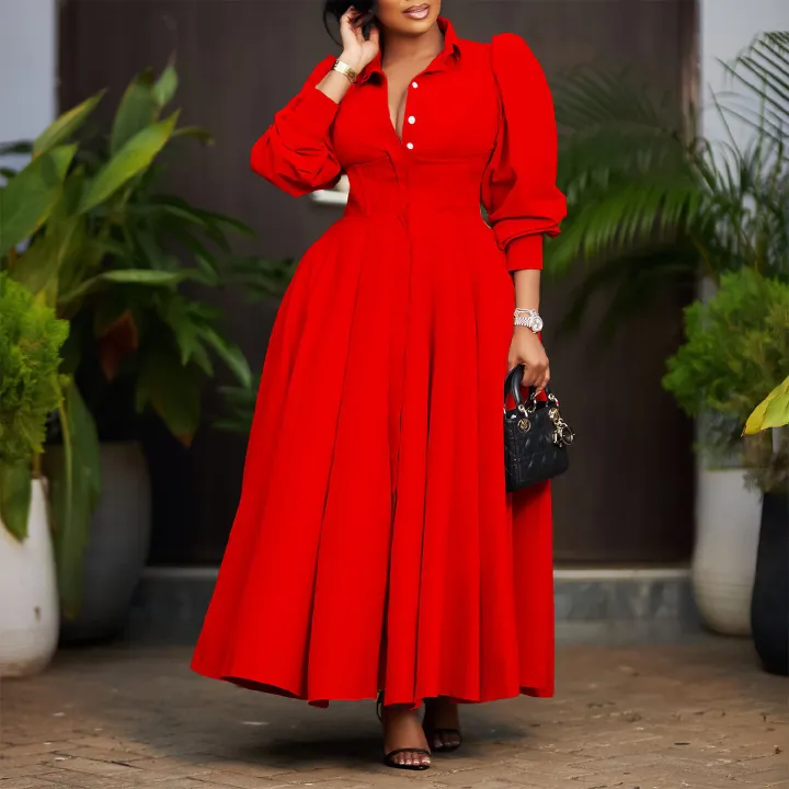 New product selection: D570 cross-border women's elegant long sleeved dress with a large display, including shirt and skirt, fashionable solid color, medium to long African dress